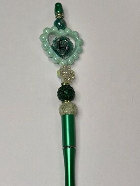 Mint Green Heart Charm Pen with Dark Green Accents - Extender